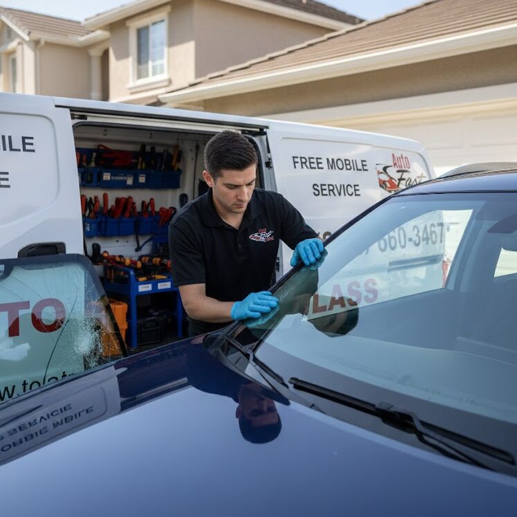 Auto Fast Glass Onsite Mobile Repair Service showing a technician at a customers home performing a chip repair.